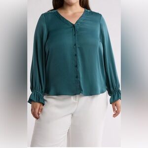 NWT T Tahari Airflow Long Sleeve Top Button Up Blue Plus Size - 1X